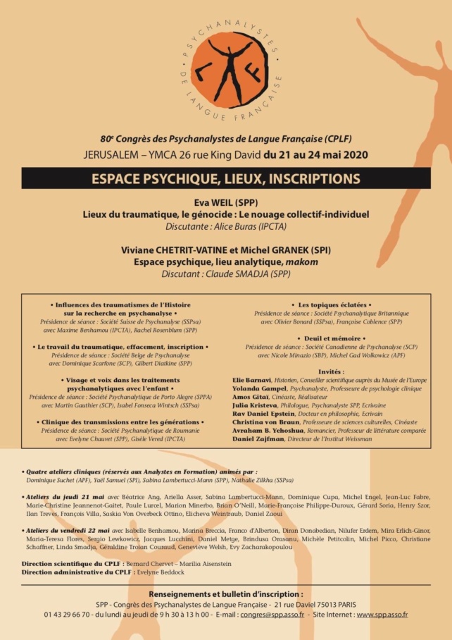 Le 80e Congrès des Psychanalystes de Langue française (CPLF) aura lieu à Jérusalem, du 21 au 24 mai 2020